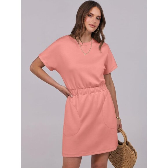 Anrabess Women Coral Crew Neck Elastic Waist Mini T Shirt Dress With Pocket - Picture 2 of 6